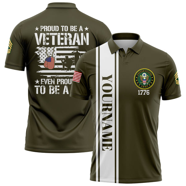 Custom Olive Proud To Be A Veteran Even Prouder To Be A Dad 1776 Flag U.S Army Military Rank Name Veterans Day Golf Polo Shirt | Father's Day Gifts