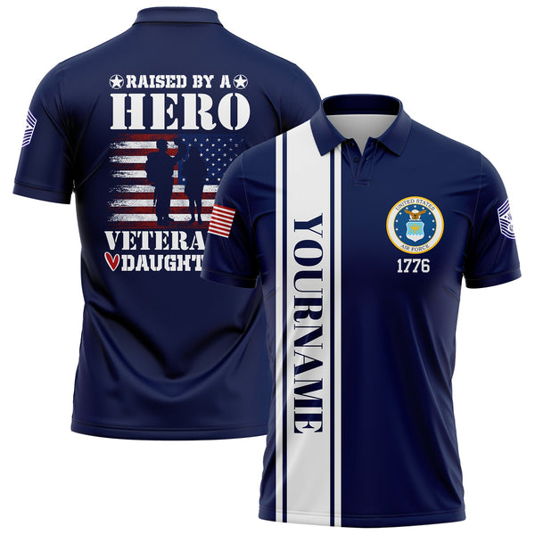Custom Navy Raised By A Hero Veteran's Daughter 1776 Flag U.S Air Force Military Rank Name Veterans Day Golf Polo Shirt | Father's Day Gifts