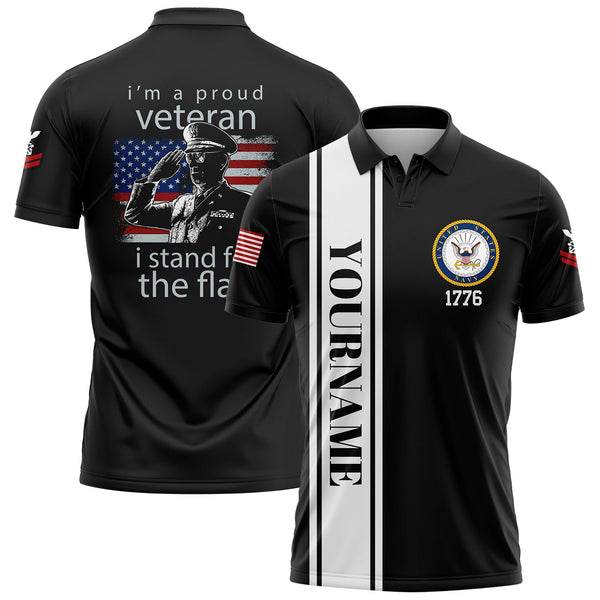 Custom Black I'm A Proud Veteran I Stand For The Flag 1776 Flag U.S Navy Military Rank Name Veterans Day Golf Polo Shirt | Father's Day Gifts