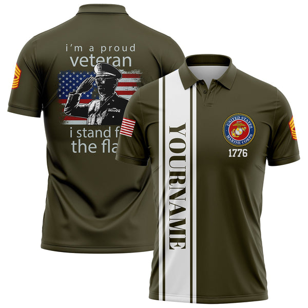 Custom Olive I'm A Proud Veteran I Stand For The Flag 1776 Flag U.S Marine Corps Military Rank Name Veterans Day Golf Polo Shirt | Father's Day Gifts