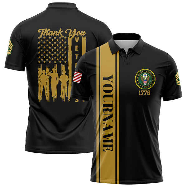 Custom Black Thank You Veterans 1776 Flag U.S Army Military Rank Name Veterans Day Golf Polo Shirt | Father's Day Gifts