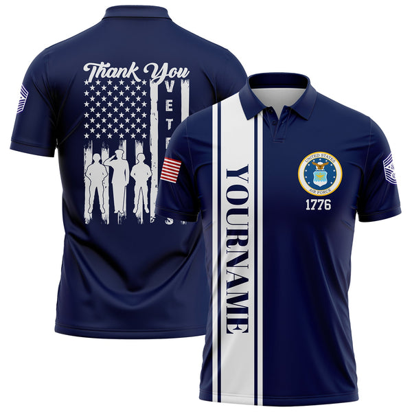Custom Navy Thank You Veterans 1776 Flag U.S Air Force Military Rank Name Veterans Day Golf Polo Shirt | Father's Day Gifts