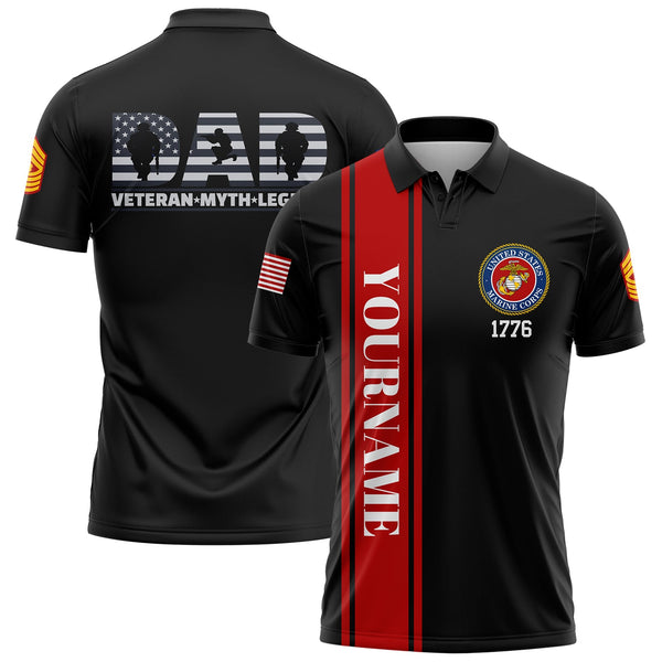 Custom Black Dad Veteran Myth Legend 1776 Flag U.S Marine Corps Military Rank Name Veterans Day Golf Polo Shirt | Father's Day Gifts