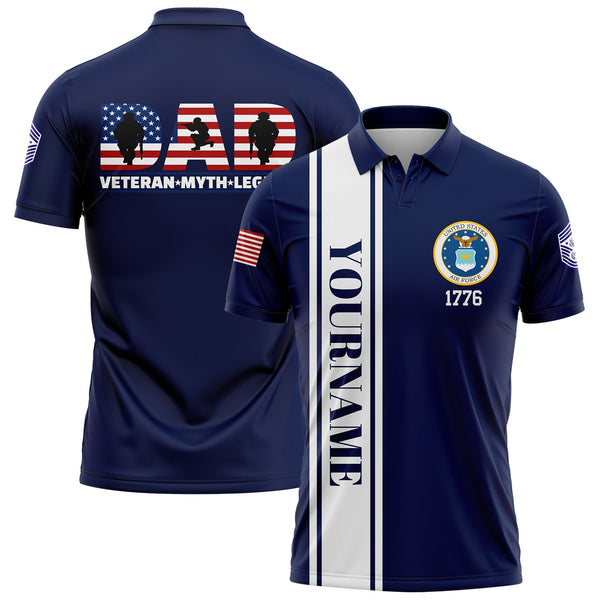 Custom Navy Dad Veteran Myth Legend 1776 Flag U.S Air Force Military Rank Name Veterans Day Golf Polo Shirt | Father's Day Gifts
