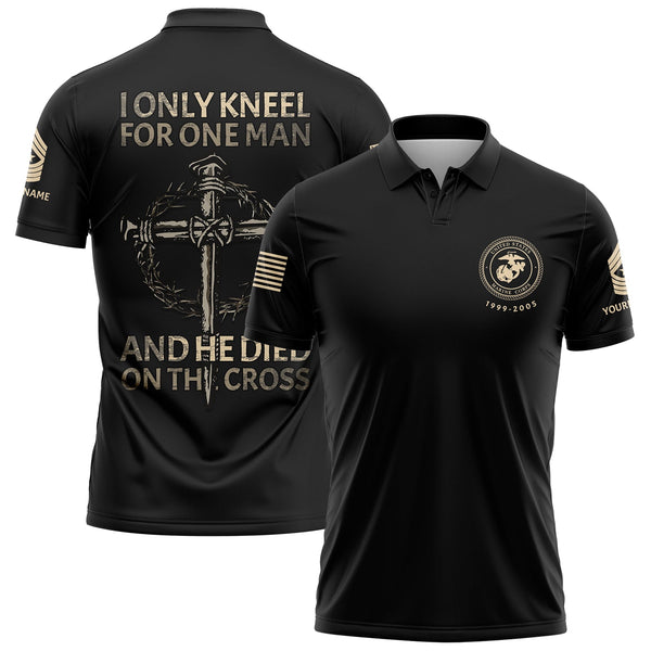 I Only kneel For One Man And He Died On The Cross Custom Black Military Rank Veteran Name Golf Polo Shirt