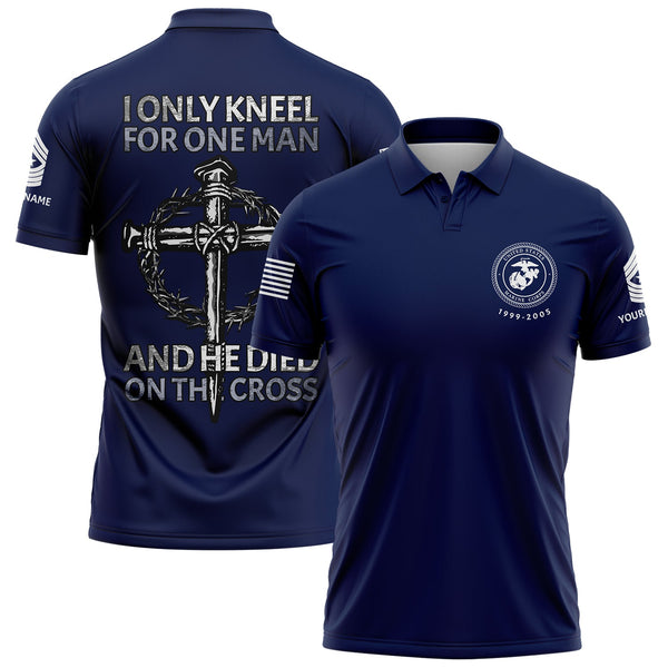 I Only kneel For One Man And He Died On The Cross Custom Navy Military Rank Veteran Name Golf Polo Shirt