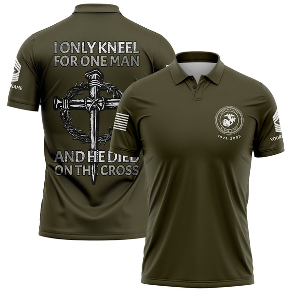 I Only kneel For One Man And He Died On The Cross Custom Olive Military Rank Veteran Name Golf Polo Shirt