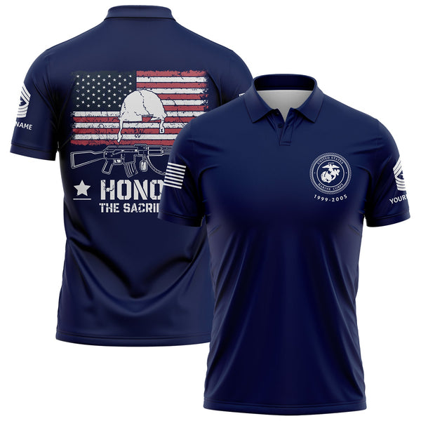 Honor The Sacrifice Custom Navy American Flay Military Rank Veteran Name Memorial Day Golf Polo Shirt