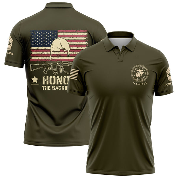 Honor The Sacrifice Custom Olive American Flay Military Rank Veteran Name Memorial Day Golf Polo Shirt
