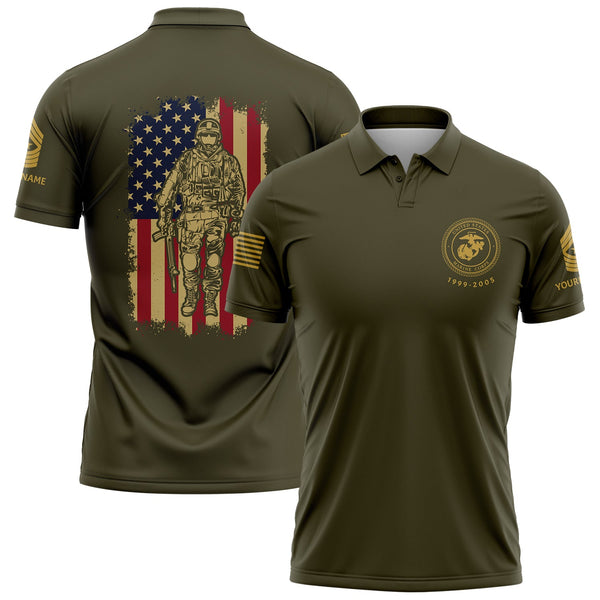 Custom Olive American Flag Military Rank Veteran Name Golf Polo Shirt