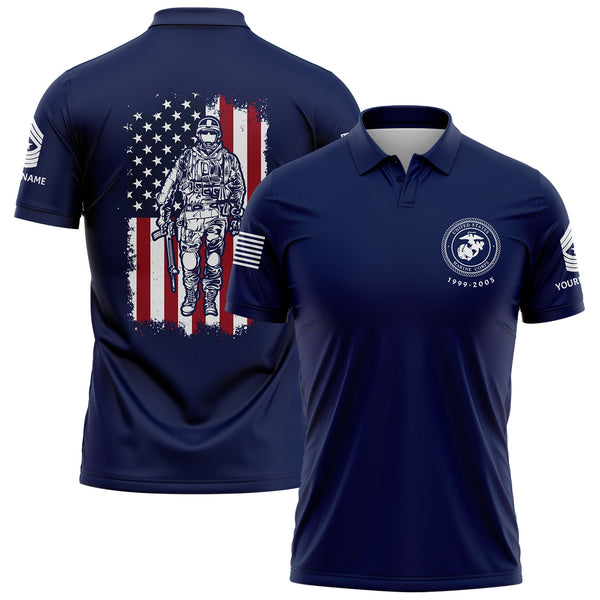 Custom Navy American Flag Military Rank Veteran Name Golf Polo Shirt