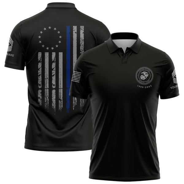Custom Black American Flag Military Rank Veteran Name Golf Polo Shirt