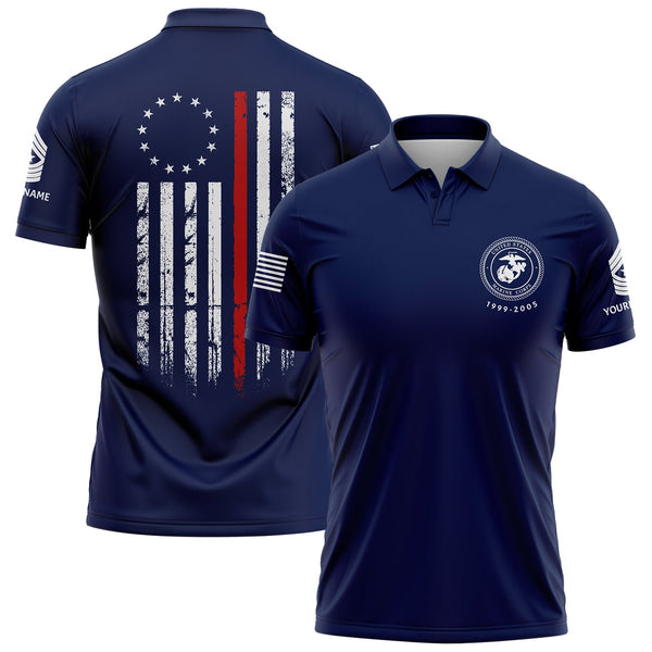 Custom Navy American Flag Military Rank Veteran Name Golf Polo Shirt