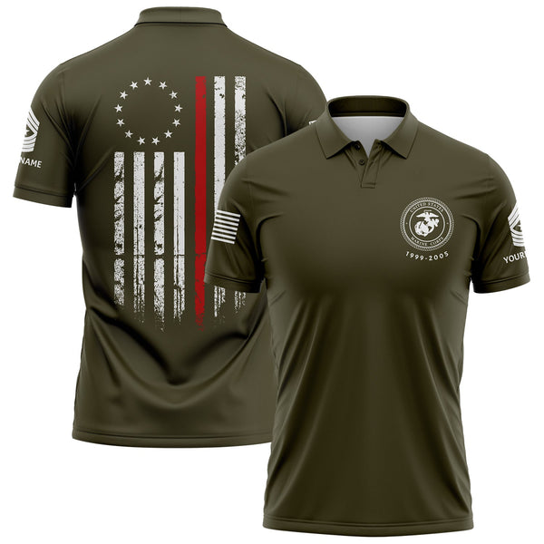 Custom Olive American Flag Military Rank Veteran Name Golf Polo Shirt