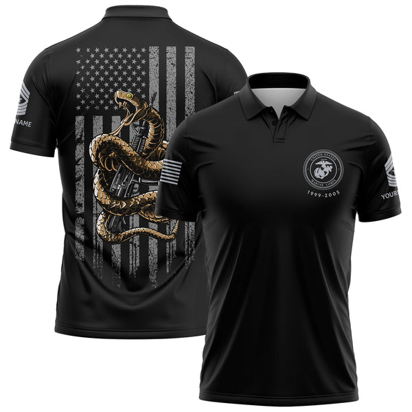 Custom Black Snake American Flag Military Rank Veteran Name Memorial Day Golf Polo Shirt