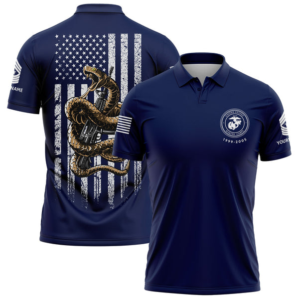 Custom Navy Snake American Flag Military Rank Veteran Name Memorial Day Golf Polo Shirt