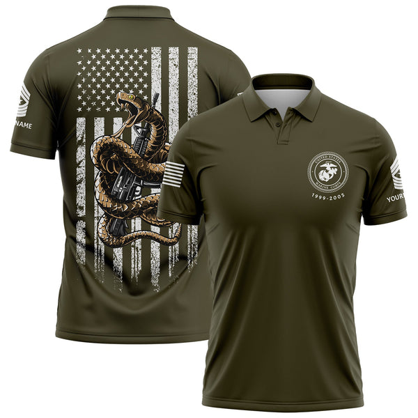 Custom Olive Snake American Flag Military Rank Veteran Name Memorial Day Golf Polo Shirt