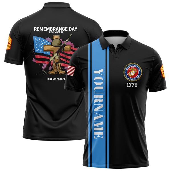 Custom Black Remembrance Day November 11 Lest We Forget 1776 American Flag U.S Marine Corps Military Rank Name Memorial Day Golf Polo Shirt