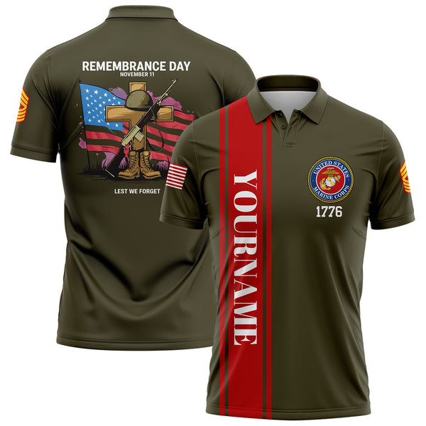 Custom Olive Remembrance Day November 11 Lest We Forget 1776 American Flag U.S Marine Corps Military Rank Name Memorial Day Golf Polo Shirt