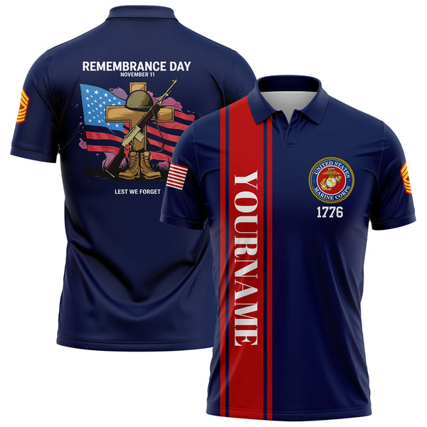 Custom Navy Remembrance Day November 11 Lest We Forget 1776 American Flag U.S Marine Corps Military Rank Name Memorial Day Golf Polo Shirt