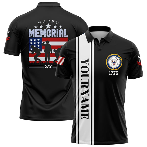 Custom Black 1776 American Flag U.S Navy Military Rank Name Memorial Day Golf Polo Shirt