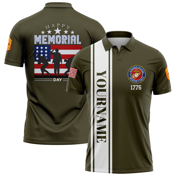 Custom Olive 1776 American Flag U.S Marine Corps Military Rank Name Memorial Day Golf Polo Shirt