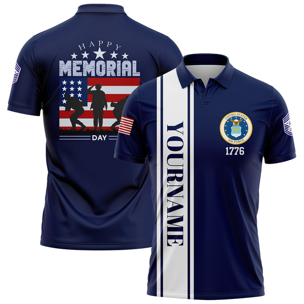 Custom Navy 1776 American Flag U.S Air Force Military Rank Name Memorial Day Golf Polo Shirt