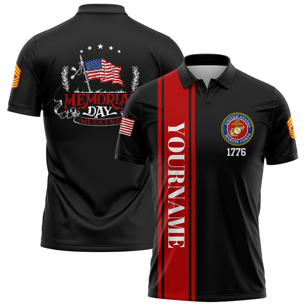 Custom Black 1776 American Flag U.S Marine Corps Military Rank Name Memorial Day Golf Polo Shirt