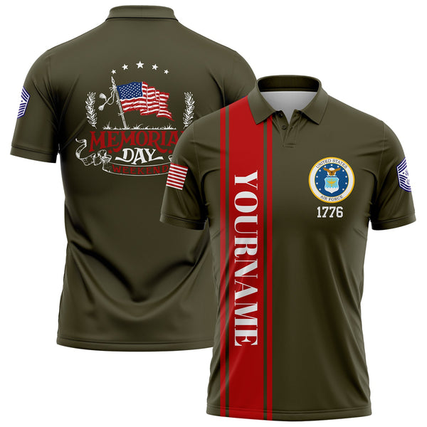 Custom Olive 1776 American Flag U.S Air Force Military Rank Name Memorial Day Golf Polo Shirt