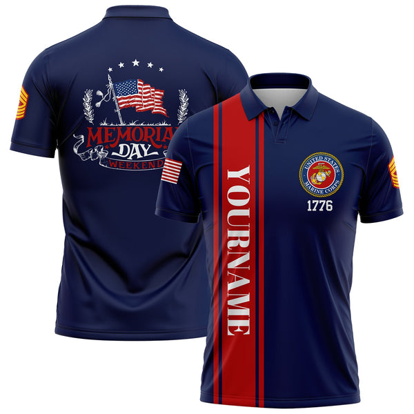 Custom Navy 1776 American Flag U.S Marine Corps Military Rank Name Memorial Day Golf Polo Shirt