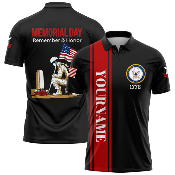 Custom Black Remember Honor 1776 American Flag U.S Navy Military Rank Name Memorial Day Golf Polo Shirt