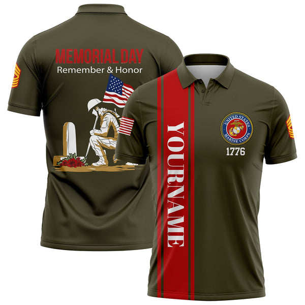 Custom Olive Remember Honor 1776 American Flag U.S Marine Corps Military Rank Name Memorial Day Golf Polo Shirt
