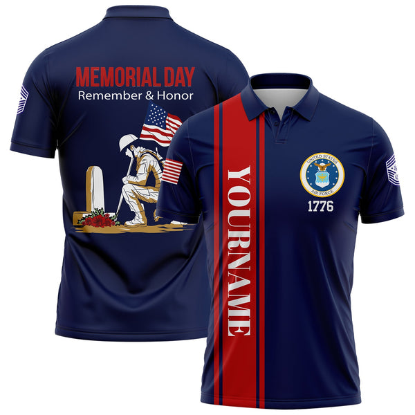 Custom Navy Remember Honor 1776 American Flag U.S Air Force Military Rank Name Memorial Day Golf Polo Shirt