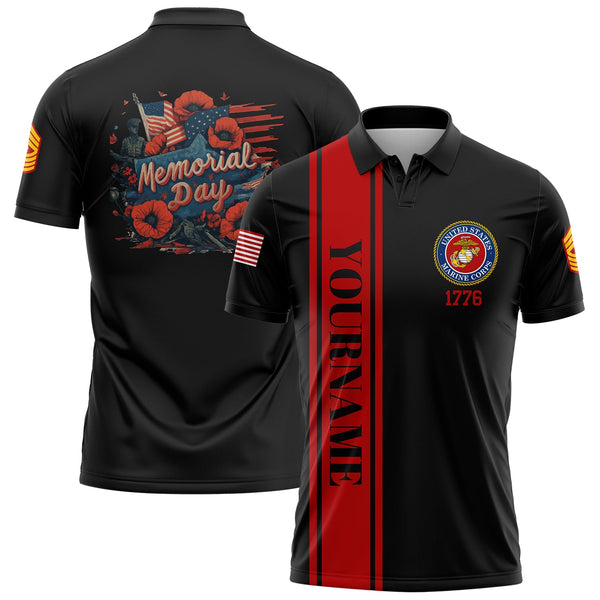 Custom Black Flower 1776 American Flag U.S Marine Corps Military Rank Name Memorial Day Golf Polo Shirt