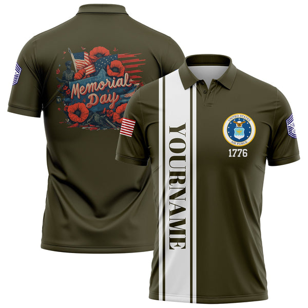 Custom Olive Flower 1776 American Flag U.S Air Force Military Rank Name Memorial Day Golf Polo Shirt
