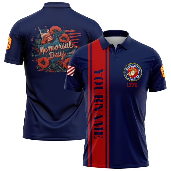 Custom Navy Flower 1776 American Flag U.S Marine Corps Military Rank Name Memorial Day Golf Polo Shirt