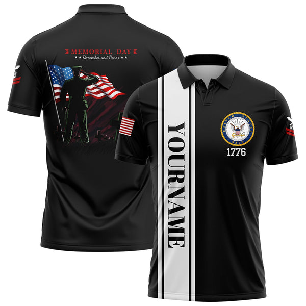 Custom Black Tombstone Remember And Honor 1776 American Flag U.S Navy Military Rank Name Memorial Day Golf Polo Shirt