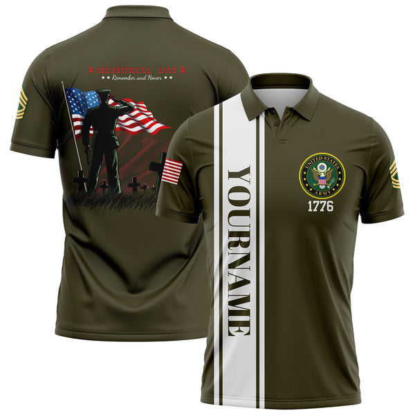 Custom Olive Tombstone Remember And Honor 1776 American Flag U.S Army Military Rank Name Memorial Day Golf Polo Shirt