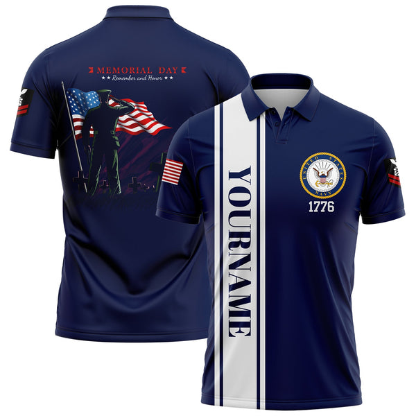 Custom Navy Tombstone Remember And Honor 1776 American Flag U.S Navy Military Rank Name Memorial Day Golf Polo Shirt