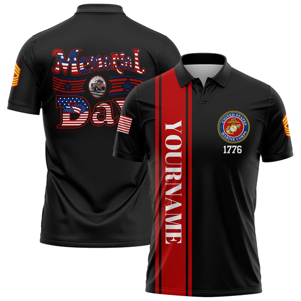 Custom Black Truck 1776 American Flag U.S Marine Corps Military Rank Name Memorial Day Golf Polo Shirt