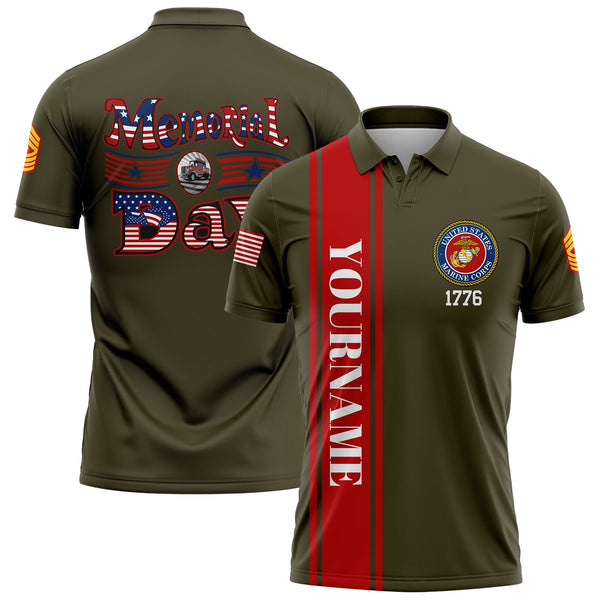 Custom Olive Truck 1776 American Flag U.S Marine Corps Military Rank Name Memorial Day Golf Polo Shirt