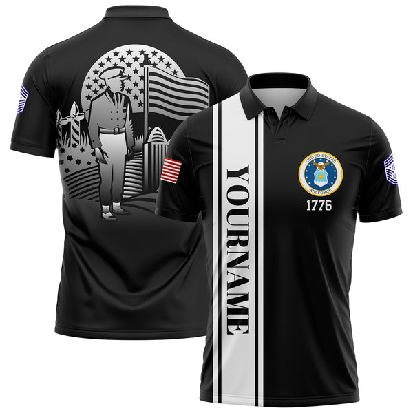 Custom Black Tombstone 1776 American Flag U.S Air Force Military Rank Name Memorial Day Golf Polo Shirt