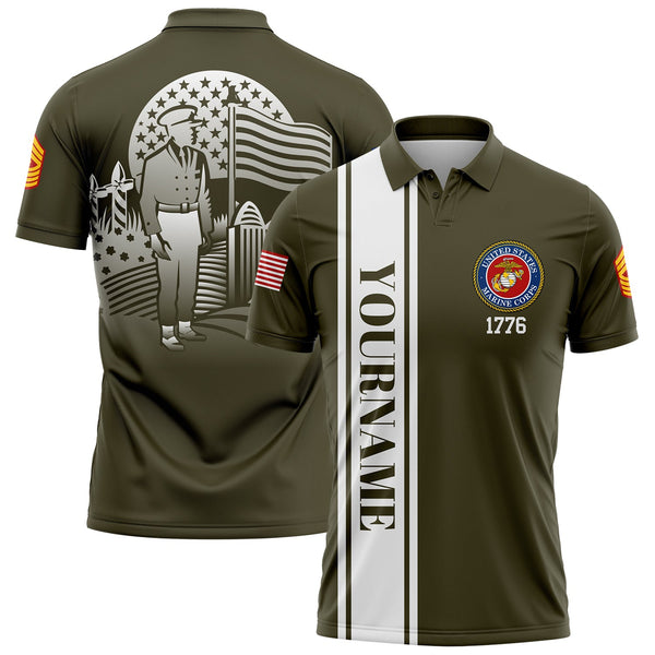 Custom Olive Tombstone 1776 American Flag U.S Marine Corps Military Rank Name Memorial Day Golf Polo Shirt