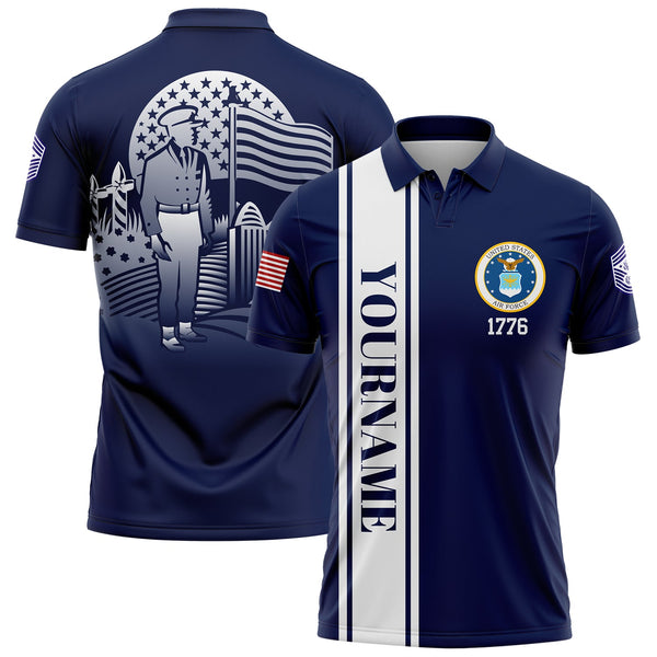 Custom Navy Tombstone 1776 American Flag U.S Air Force Military Rank Name Memorial Day Golf Polo Shirt