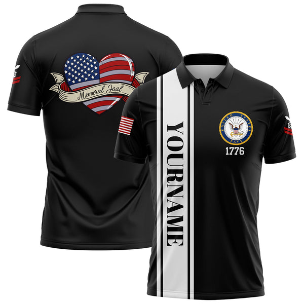 Custom Black Love 1776 American Flag U.S Navy Military Rank Name Memorial Day Golf Polo Shirt