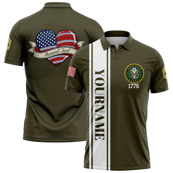 Custom Olive Love 1776 American Flag U.S Army Military Rank Name Memorial Day Golf Polo Shirt