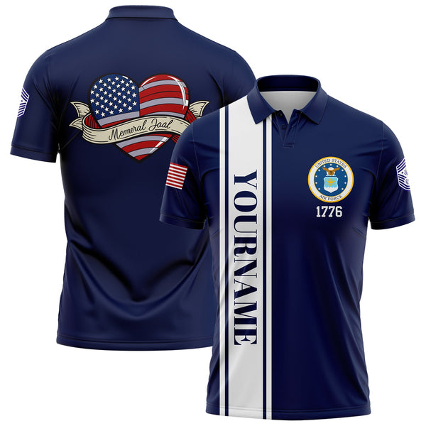 Custom Navy Love 1776 American Flag U.S Air Force Military Rank Name Memorial Day Golf Polo Shirt