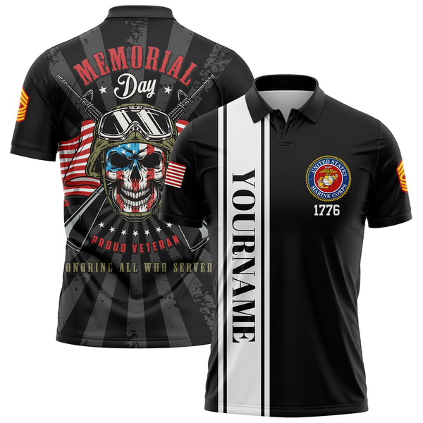 Custom Black Proud Veteran Honoring All Who Served 1776 American Flag U.S Marine Corps Military Rank Name Memorial Day Golf Polo Shirt