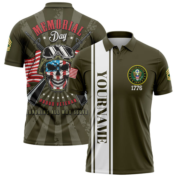 Custom Olive Proud Veteran Honoring All Who Served 1776 American Flag U.S Army Military Rank Name Memorial Day Golf Polo Shirt