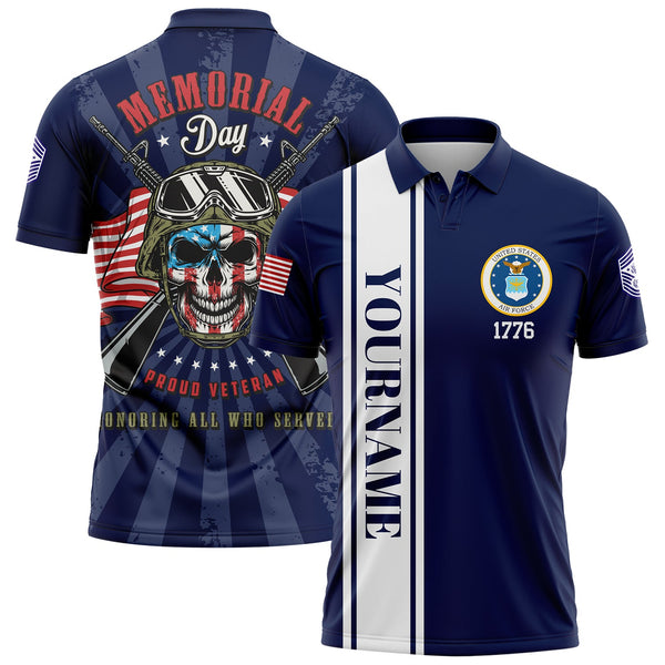 Custom Navy Proud Veteran Honoring All Who Served 1776 American Flag U.S Air Force Military Rank Name Memorial Day Golf Polo Shirt